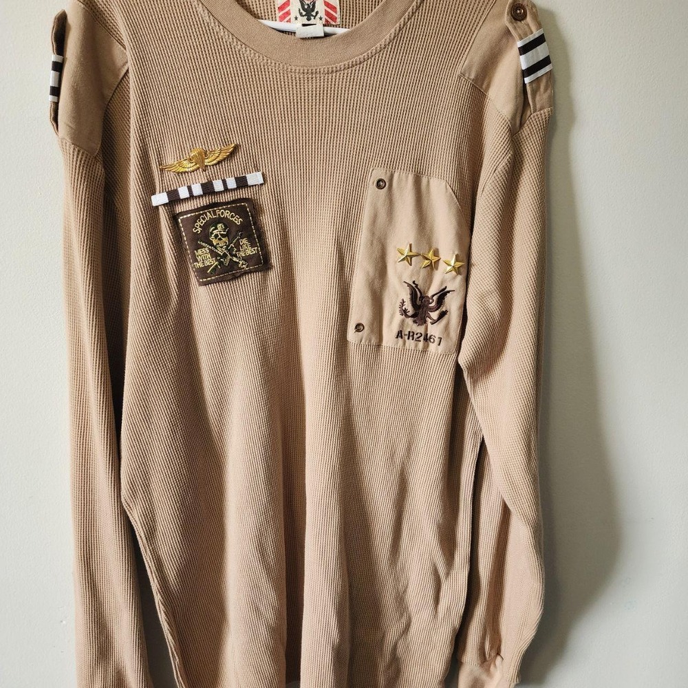 Rebel Military Beige Waffle Knit Thermal Shirt 2XL Y2K Military